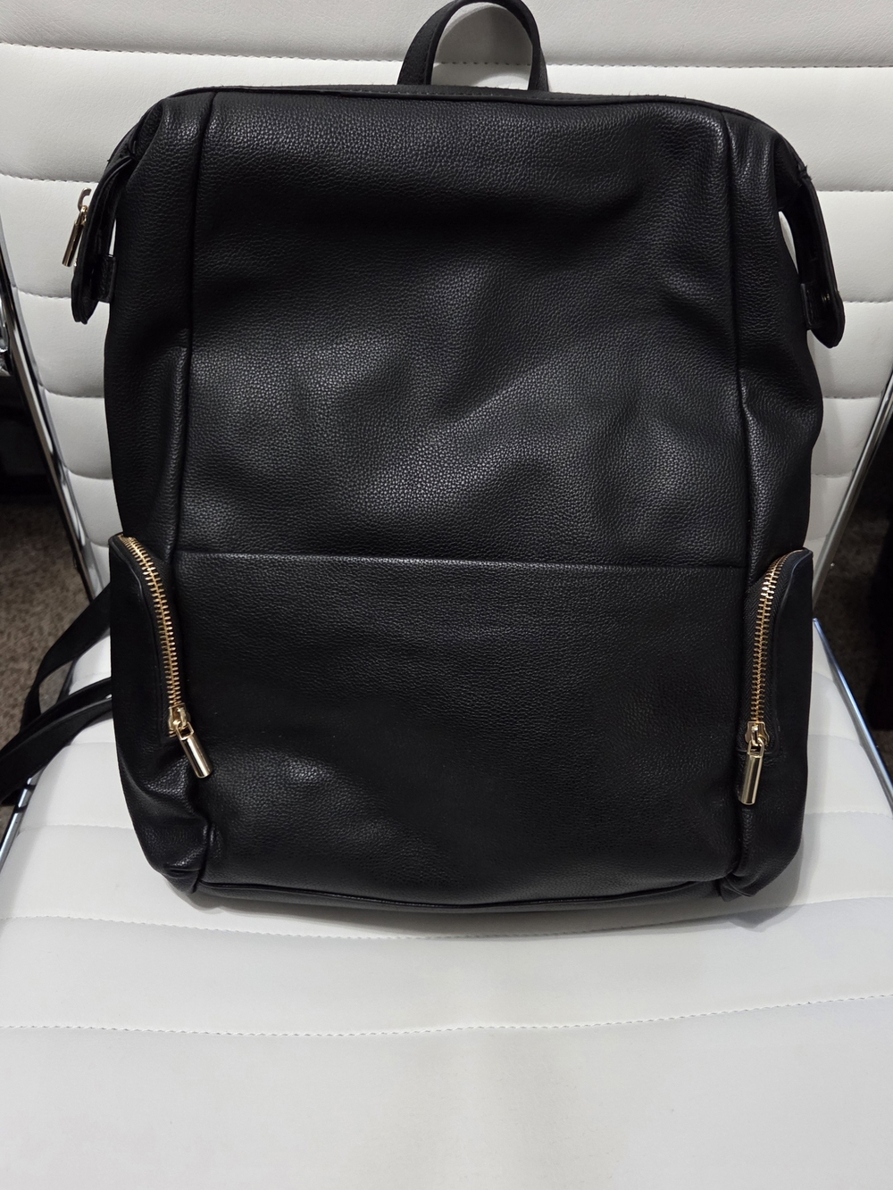 A New Day Black Faux Leather Zip Closure Backpack Purse Gold Hardware